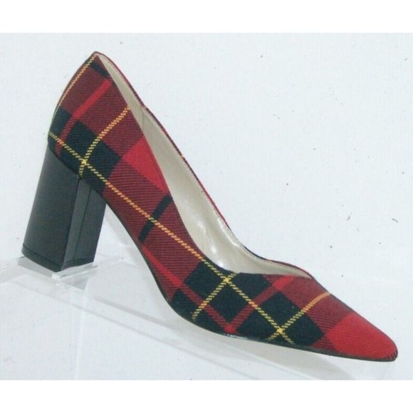 Marc Fisher Shoes - Marc Fisher Caitlyn red fabric plaid pointed toe slip on block heels 6M